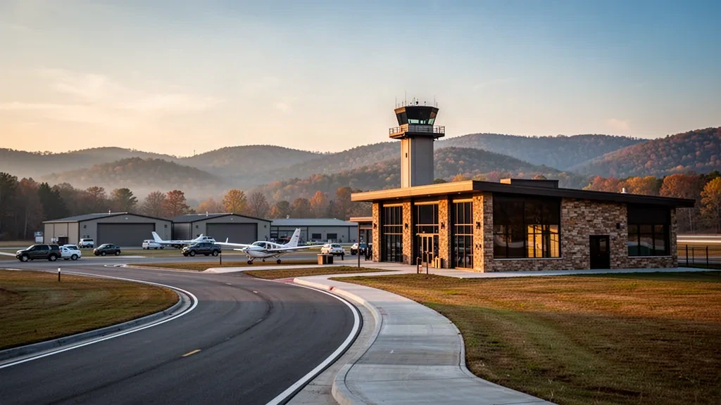 Veduta dell'aeroporto Drake Field di Fayetteville, Arkansas, durante l'ora d'oro, con il terminal in vetro, la torre di controllo e le colline Ozark sullo sfondo
