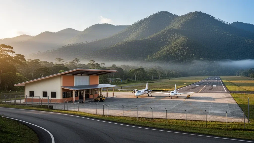 Small regional airport terminal and runway in Gracias, Honduras, framed by pine-covered Celaque mountains at golden hour