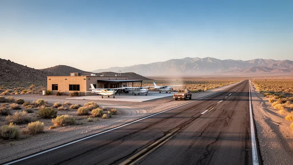 Piste désertique et petit terminal à l'aéroport de Gabbs, dans le comté rural de Nye, Nevada, sous une chaude lumière dorée
