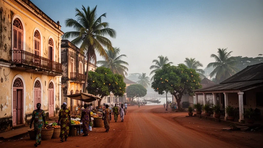 Fachadas coloniales afrobrasileñas en tonos pastel y calle bordeada de palmeras en Porto-Novo, capital del departamento de Ouémé en Benín