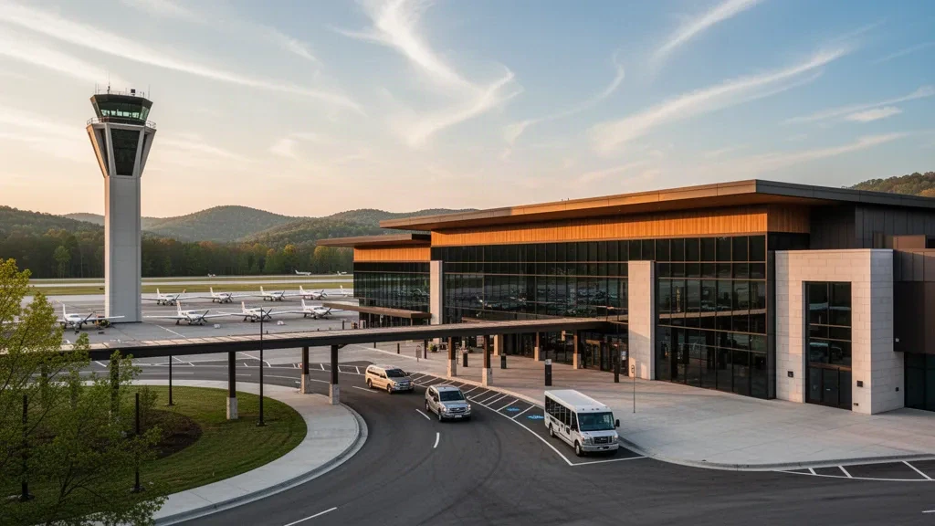 Modernes Glasterminal, Kontrollturm und Bringspur am Northeast Alabama Regional Airport bei Gadsden zur goldenen Stunde