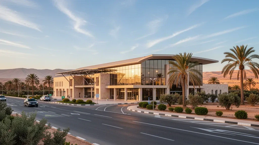 Gafsa Ksar Uluslararası Havalimanı'nda sıcak akşamüstü ışığı altında modern cam terminal binası ve palmiye ağaçlarıyla çevrili erişim yolu