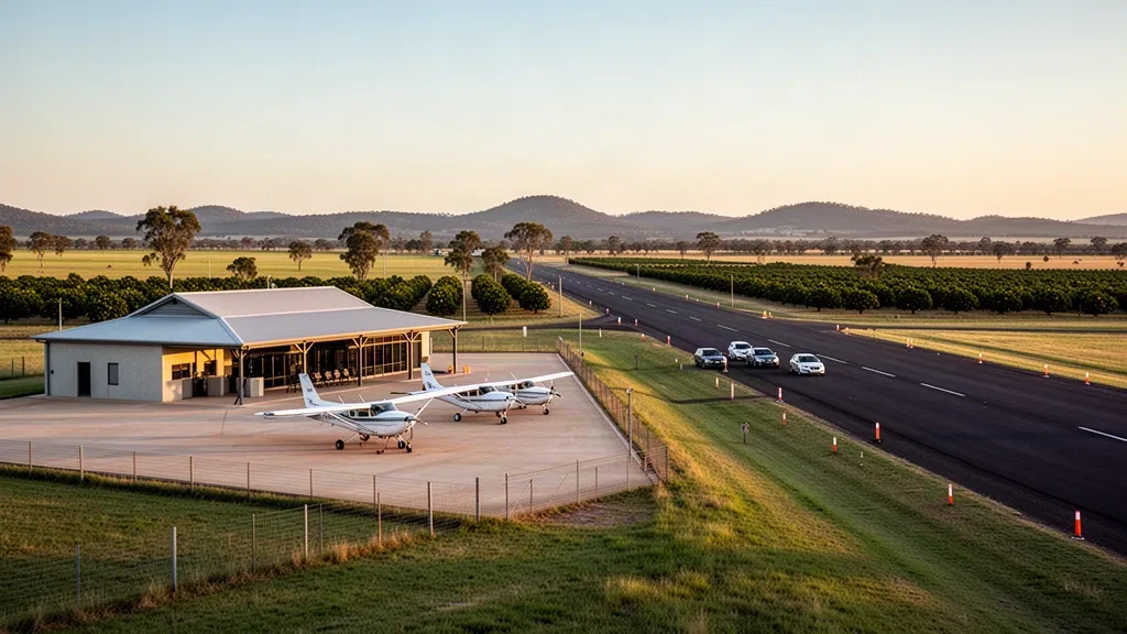 Petit terminal régional et avion léger sur l'aire de trafic à l'aéroport de Gayndah, dans le Queensland rural, à l'heure dorée