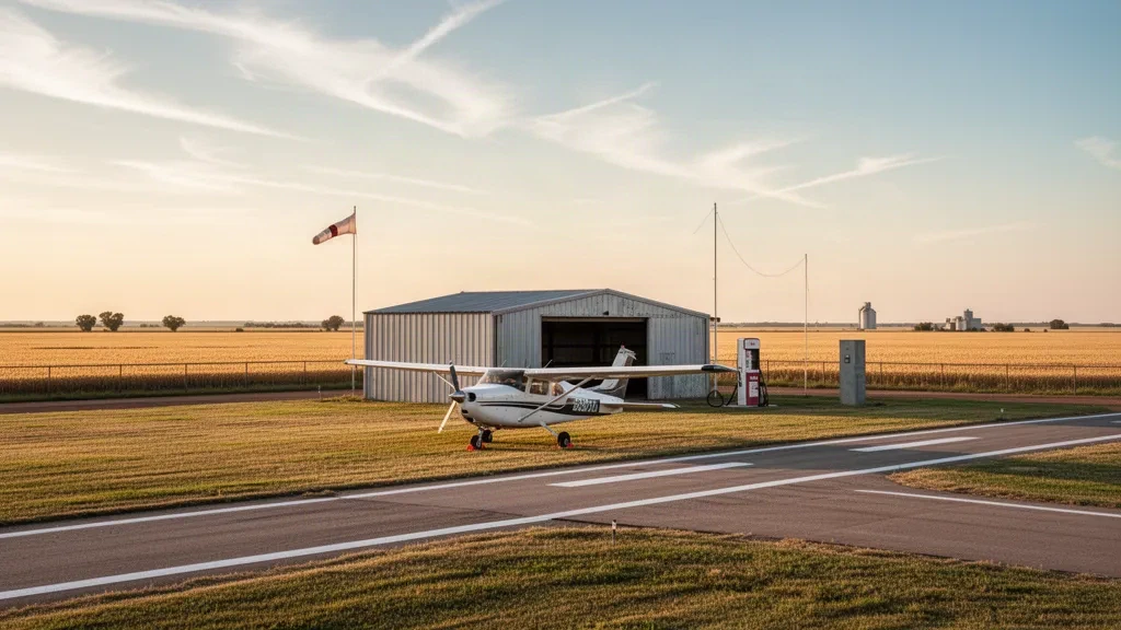 Velivolo monomotore parcheggiato accanto a un hangar rurale presso l'aeroporto di Gage Heibeck in Oklahoma, ampia vista in ora dorata sul piazzale erboso e sulla pista