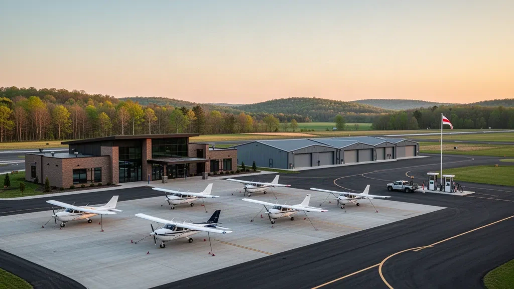 Single-engine aircraft on the apron beside a low terminal and hangars at Montgomery County Airpark in Gaithersburg, Maryland, at golden hour.