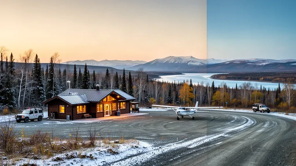 Piccolo terminal di un aeroporto remoto dell'Alaska, a Galena vicino al fiume Yukon, circondato da una foresta di abeti spolverata di neve nell'ora dorata.
