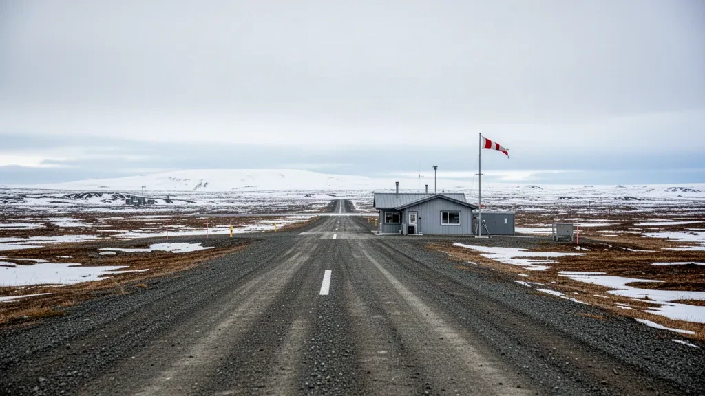 Alaska, St. Lawrence Adası'ndaki Gambell Havalimanı'nda kar kaplı tundra ve geniş bir arktik gökyüzü altındaki küçük terminal binasıyla uzak çakıl pist.