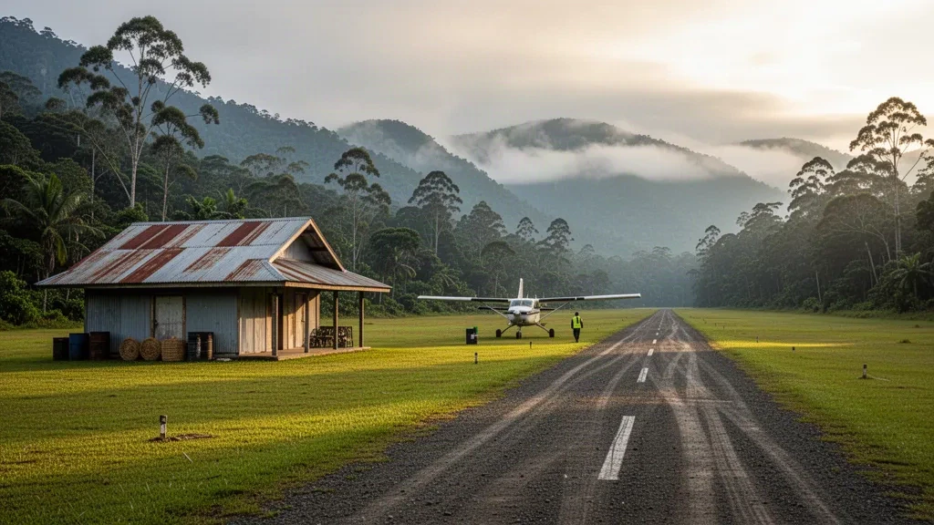 Abgelegene Hochland-Graspiste und Holzterminal am Flughafen Garaina in Papua-Neuguinea, umrahmt von nebligen Regenwaldbergen.