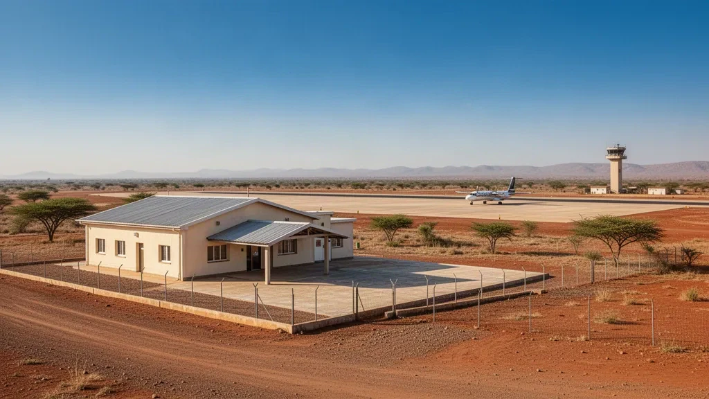 Edificio terminal basso e piazzale in cemento all'Aeroporto di Garissa in Kenya sotto un cielo luminoso semi-arido con acacie nelle vicinanze