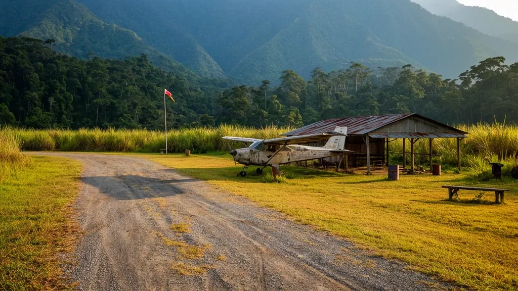 Remote Gusap Airport airstrip in Papua New Guinea's Ramu Valley, framed by dense rainforest, kunai grass and misty mountain ridges.