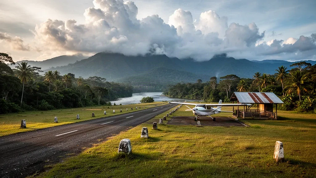 Piste en herbe isolée à l'aéroport de Gusap, dans la vallée de la Ramu en Papouasie-Nouvelle-Guinée, entourée de forêt tropicale et de montagnes brumeuses à l'heure dorée