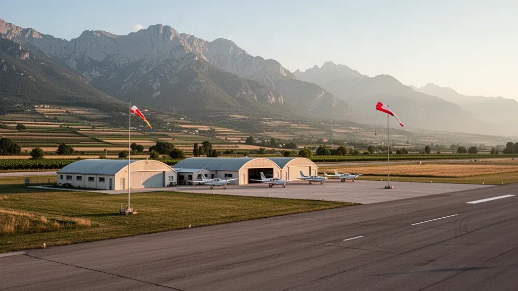 Landebahn, Hangars und Leichtflugzeuge des Flugfelds Gap-Tallard vor der Kulisse der Französischen Alpen zur goldenen Stunde