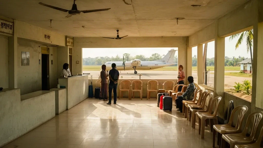 Vista interior de la terminal del aeropuerto de Gangaw GAW en Myanmar con zona de facturación, pasajeros esperando y un turbohélice en el exterior