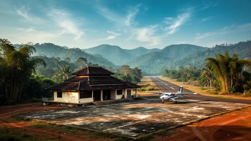 Myanmar'ın Magway Bölgesi'ndeki Gangaw Havaalanı'nda yeşil tepelerle çevrili, sıcak öğleden sonra ışığı altında küçük kırsal havaalanı terminali ve pisti