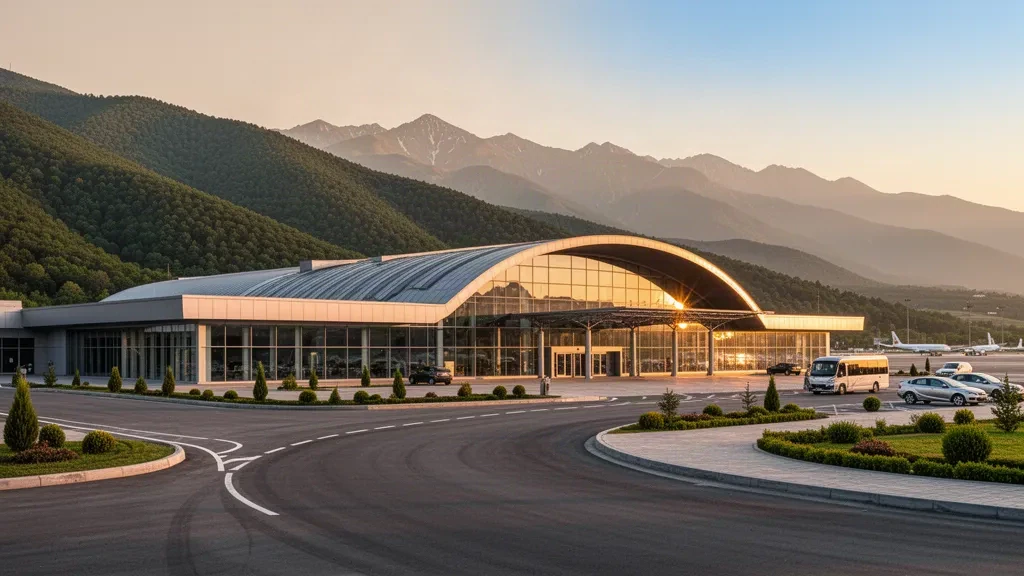 Modernes Glas-Terminal des Internationalen Flughafens Gabala in Aserbaidschan, eingerahmt von bewaldeten Ausläufern des Kaukasus zur goldenen Stunde