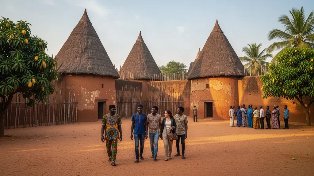 Bâtiments en terre à toit de chaume traditionnel des palais royaux d'Abomey à Zou, au Bénin, éclairés par la lumière chaude de fin d'après-midi.