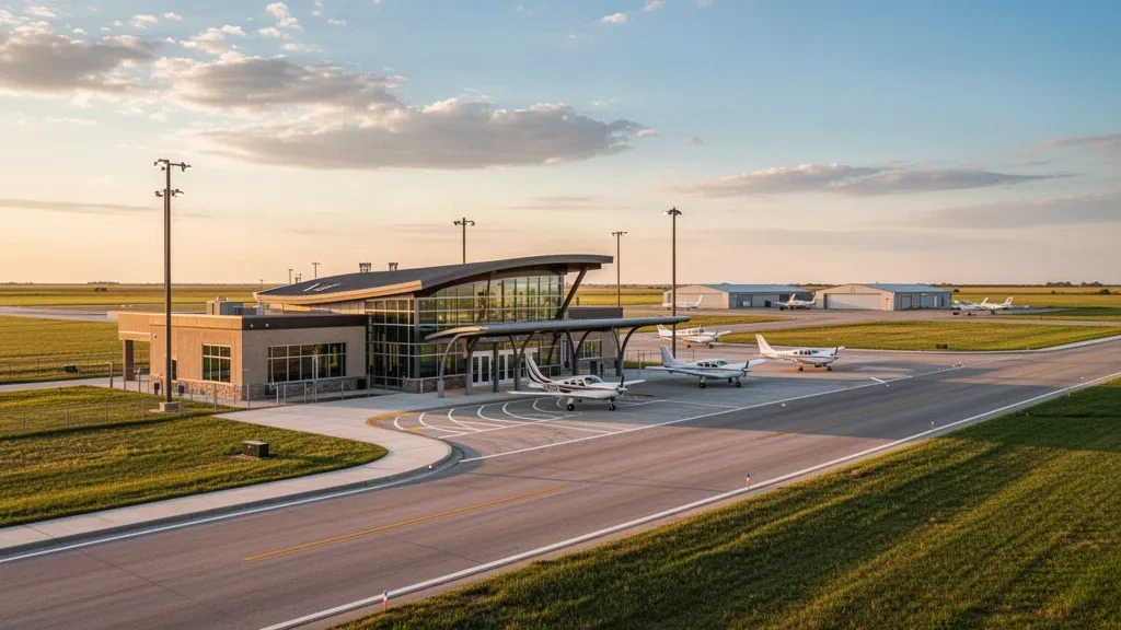 Terminal del Aeropuerto Municipal de Great Bend a la hora dorada con aeronaves de aviación general, hangares y la pradera abierta de Kansas.