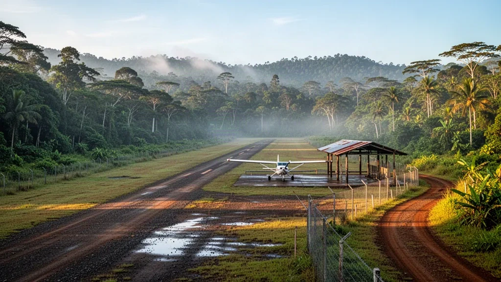 Vue à l'heure dorée de la piste tropicale isolée de l'aéroport de Gasuke en Papouasie-Nouvelle-Guinée, encadrée par la forêt tropicale et un petit avion de brousse stationné.