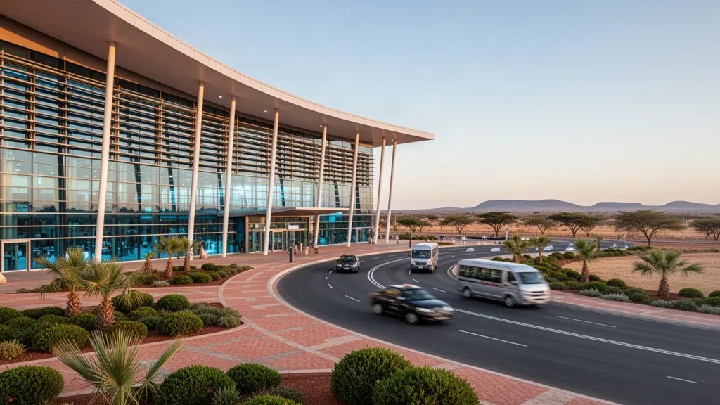 Modern glass terminal and drop-off roadway at Sir Seretse Khama International Airport in Gaborone, Botswana at golden hour