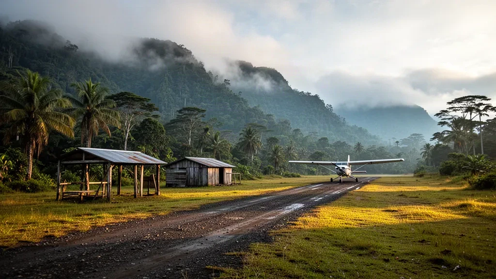 Pista de aterrizaje remota en las tierras altas que sirve a Negarbo, en Papúa Nueva Guinea, rodeada de crestas de selva y niebla matinal