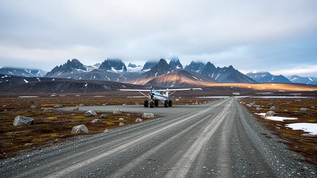 Alaska'nın Brooks Sıradağları'ndaki uzak Galbraith Lake Havalimanı'nda çakıl pist ve açık tundra