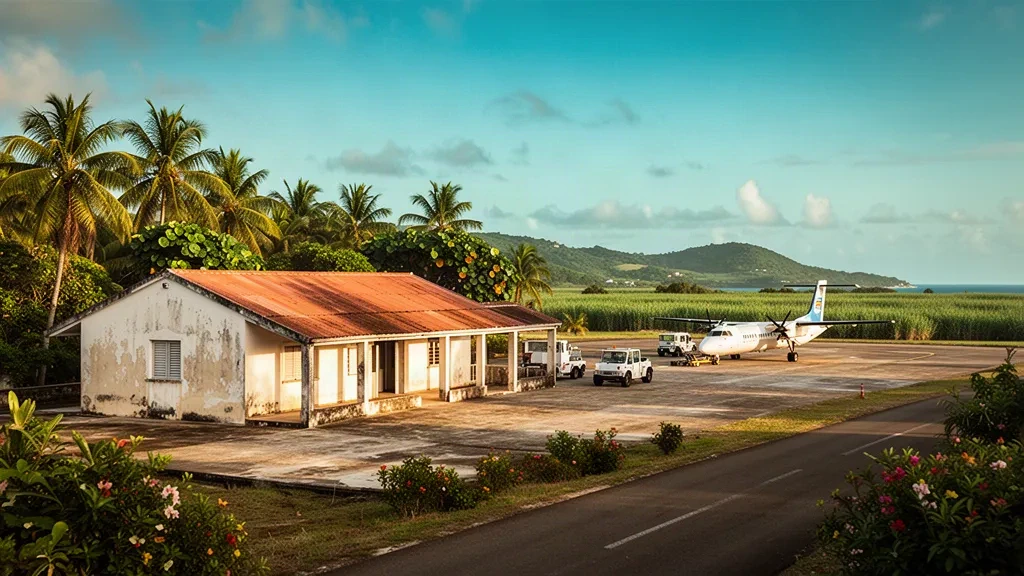 Small Caribbean island airport terminal on Marie-Galante surrounded by palms and sugar cane fields at golden hour