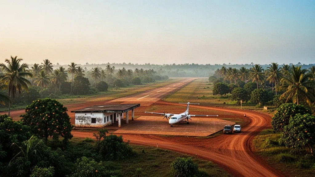 Kleine ländliche Landebahn umgeben von tropischer Vegetation in Gbangbatok, Sierra Leone, zur goldenen Stunde mit einem leichten Flugzeug auf dem Vorfeld