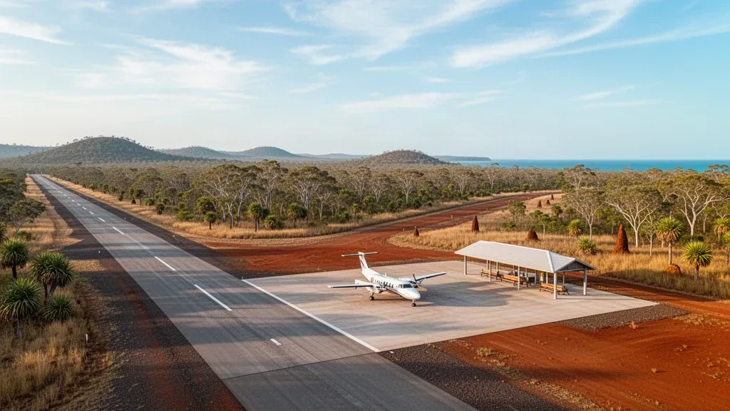 Pista de aterrizaje tropical remota y pequeño pabellón de terminal en el Aeropuerto de South Goulburn Island en Arnhem Land durante la hora dorada