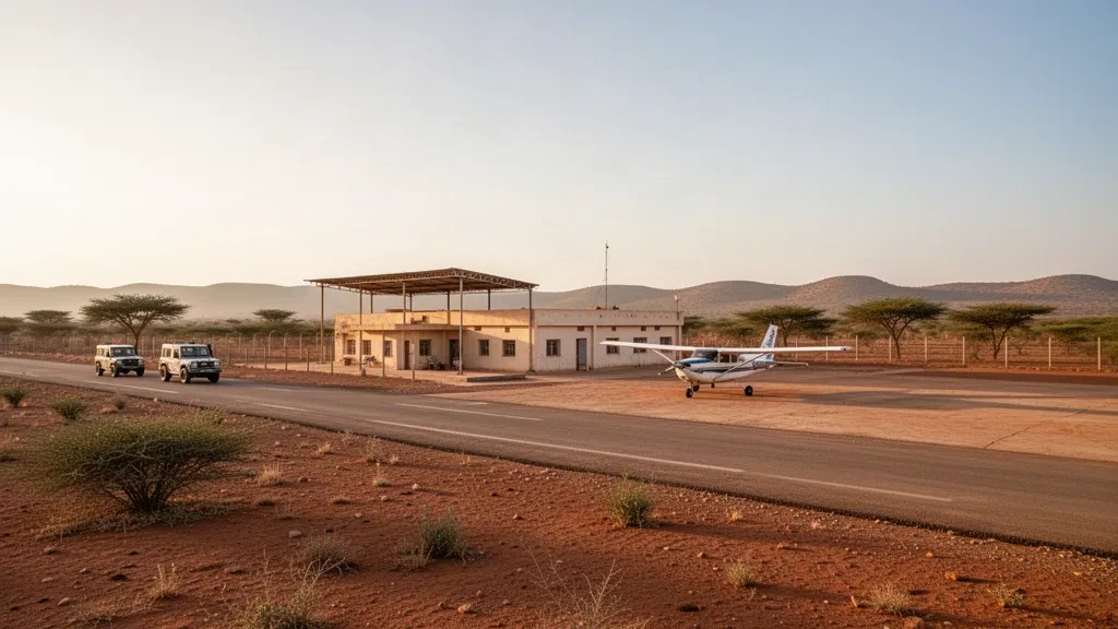 Vue panoramique de l'aéroport de Garbaharey en Somalie à l'heure dorée, montrant un terminal modeste, une aire de trafic poussiéreuse et des avions stationnés.