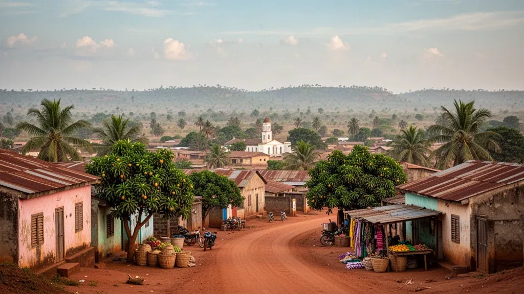 Sonnenbeschienene Lateritstraße und niedrige Dächer in einer Stadt im Plateau von Benin, eingerahmt von Palmen und Marktständen