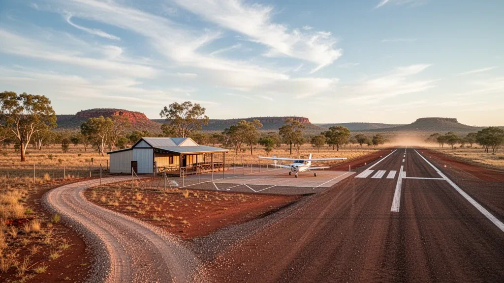 Pista remota dell'entroterra che serve l'aeroporto di Gamboola nel Queensland, con una piccola struttura terminal e un aereo leggero durante l'ora d'oro