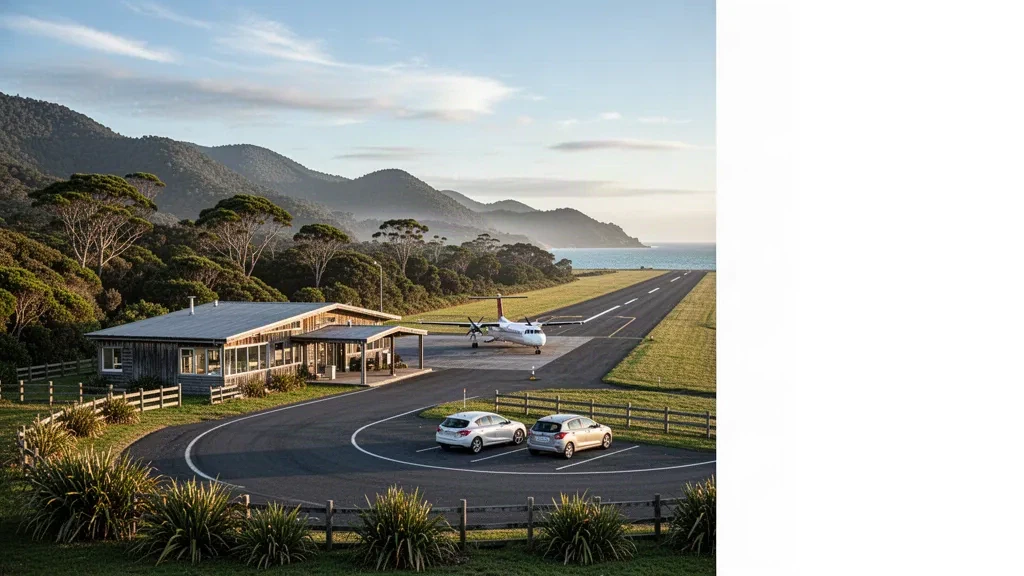 Small island aerodrome terminal, apron and runway at Great Barrier Aerodrome near Claris, New Zealand, framed by native bush hills