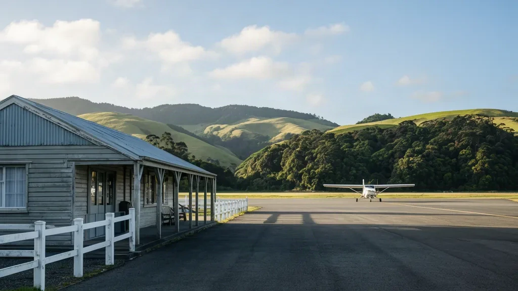 Petit bâtiment terminal insulaire à l'aéroport de Great Barrier (GBZ) près de Claris, en Nouvelle-Zélande, avec un petit avion stationné sur le tarmac et des collines verdoyantes en arrière-plan