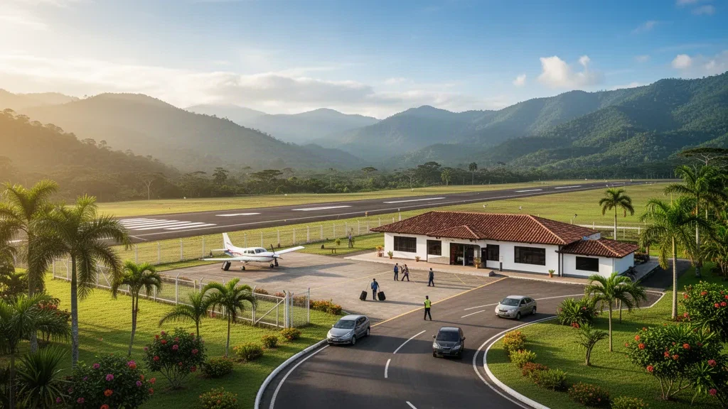 Small regional airport in Guacamayas, Colombia, with a low white terminal, parked light aircraft, paved runway and green Andean foothills in warm afternoon ligh
