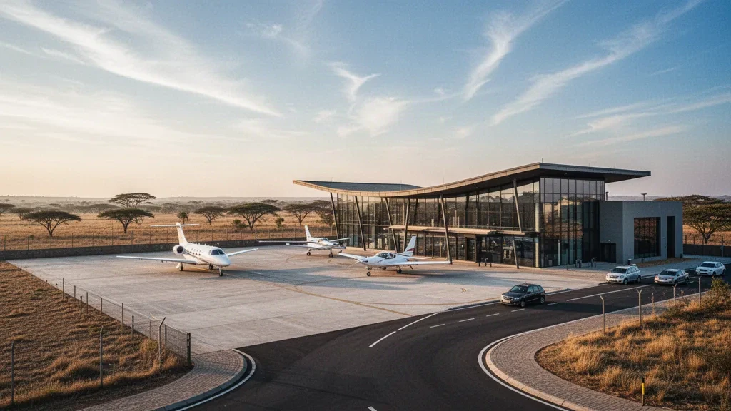 Terminal moderne en verre et tarmac à l'aéroport Grand Central à Midrand, Gauteng, avec de petits avions stationnés dans la lumière de l'heure dorée