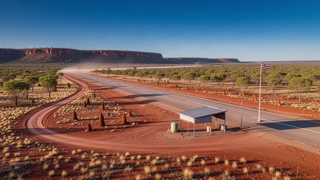 Remote outback airstrip at Gordon Downs Airport in Western Australia, with red earth, scrubland and a wide blue sky at golden hour
