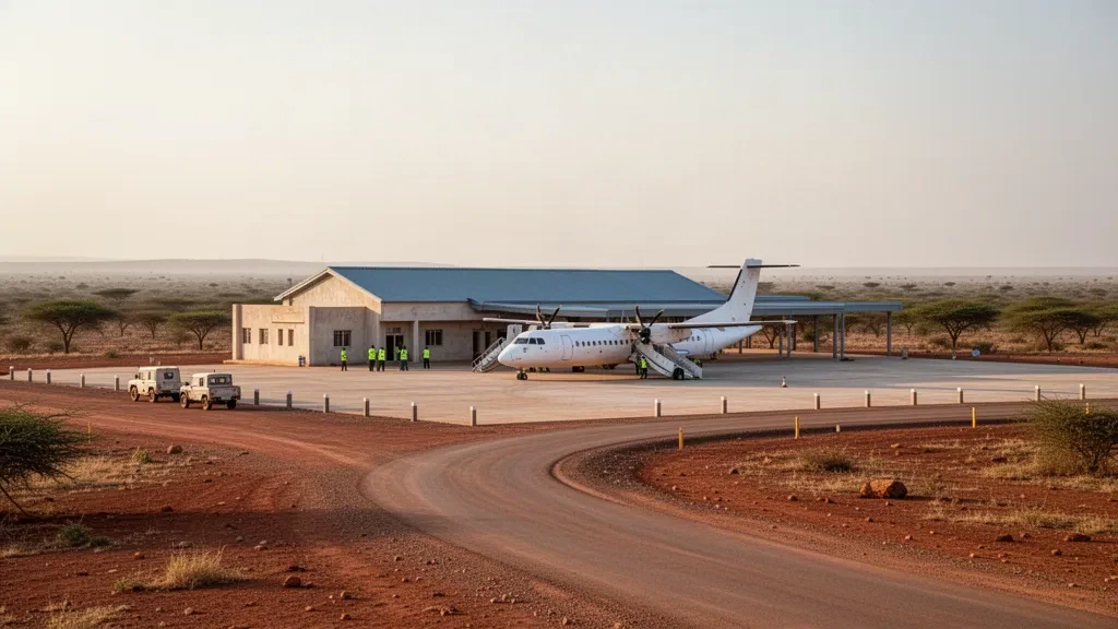 Niedriges Terminalgebäude und betonierte Vorfeldfläche am Flughafen Gode in der äthiopischen Somali-Region bei warmem, semiaridem Tageslicht