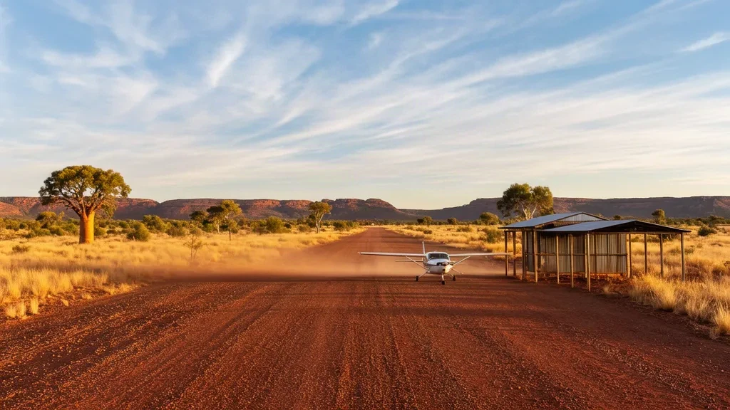 Pista remota en el interior de Australia en el aeropuerto de Gordon Downs GDD, en Kimberley, Australia Occidental, con una pista de grava roja, pastizales secos y una avioneta