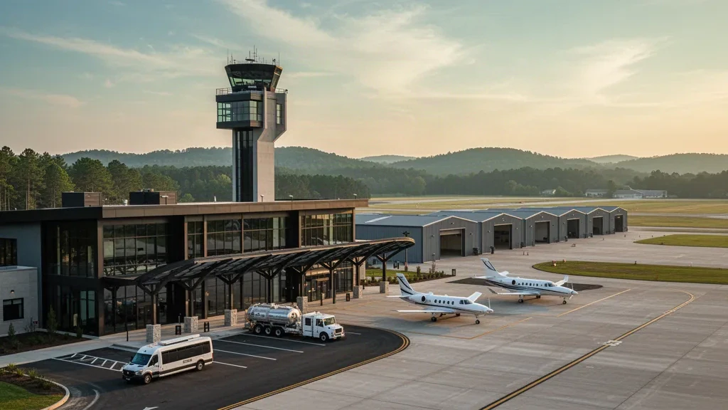 Vue à l'heure dorée de l'aéroport Donaldson Field près de Greenville, en Caroline du Sud, avec des hangars, une tour de contrôle et des jets sur le tarmac.