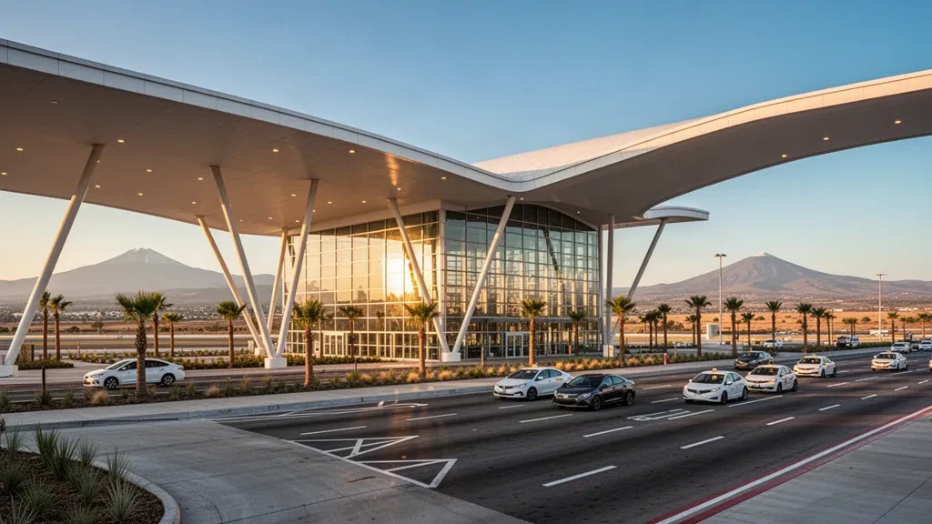 Moderne Glasfassade des Terminals am internationalen Flughafen Guadalajara zur goldenen Stunde, mit Abholspuren und Taxis in Jalisco, Mexiko