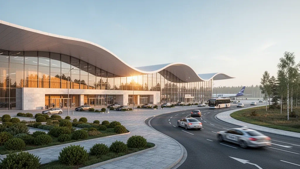 Modern glass terminal exterior at Gdańsk Lech Wałęsa Airport with its curved wave roof and drop-off roadway at golden hour