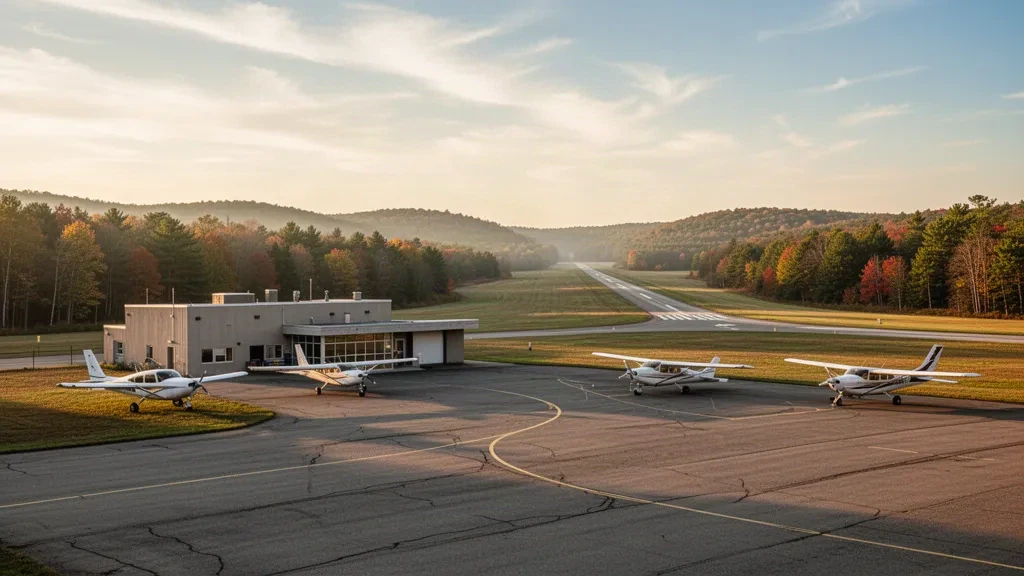 Gardner Municipal Airport apronunda küçük genel havacılık uçağı, altın rengi geç öğleden sonra ışığı altında pist ve New England ormanlık alanı