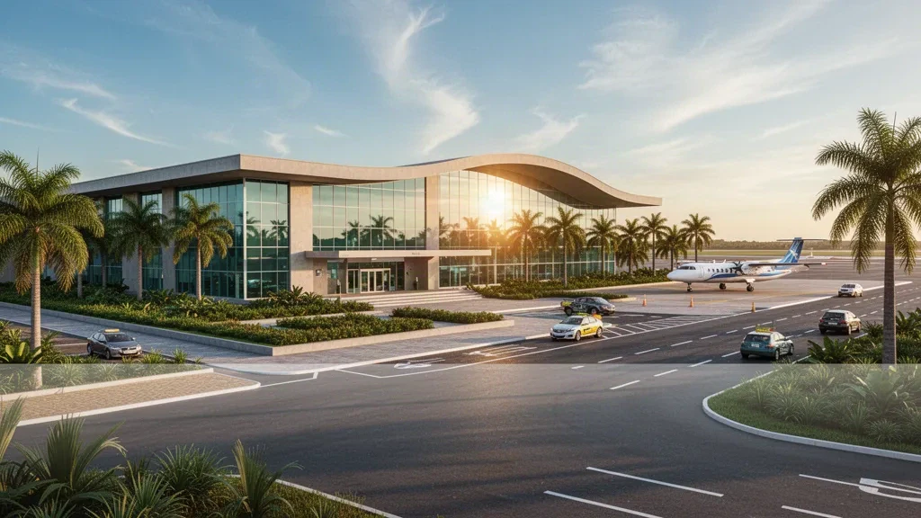 Modern terminal exterior at Guadalupe Airport in Piauí, Brazil, with glass facade, access road, and tropical landscaping under golden-hour light.