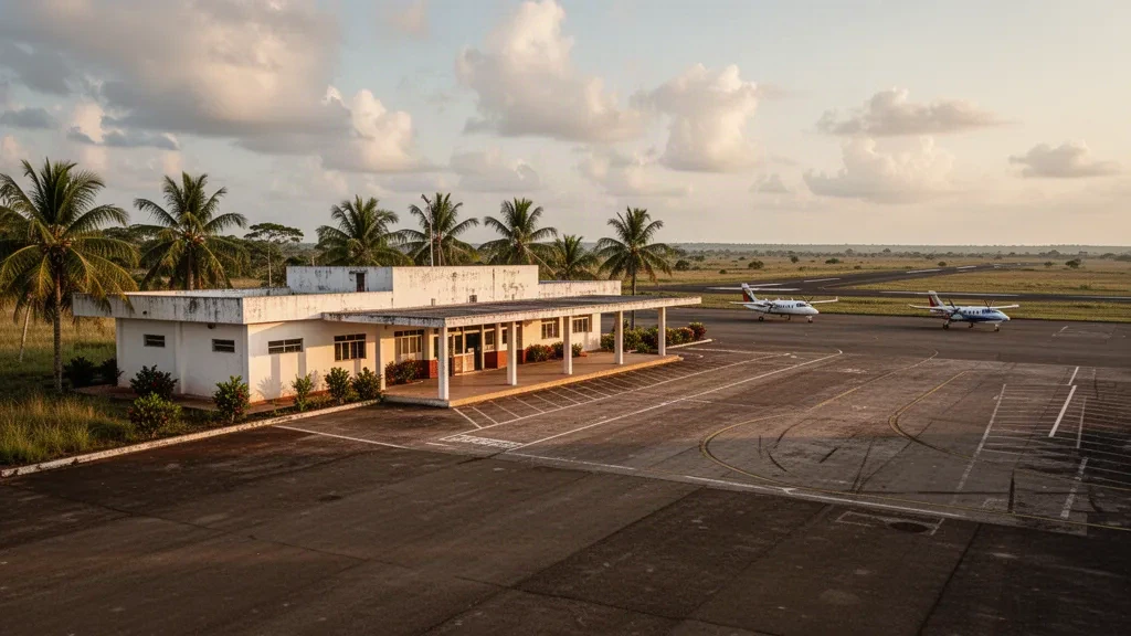Terminal a un piano e piazzale ombreggiato all'aeroporto di Guasdualito ad Apure, Venezuela, sotto una calda luce tropicale del tardo pomeriggio