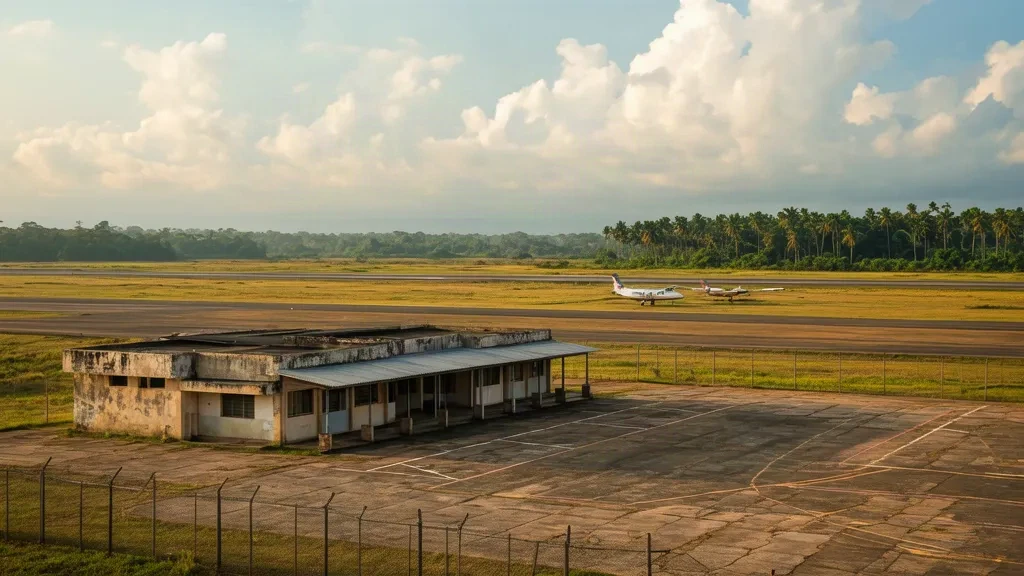 Apure, Venezuela'daki Guasdualito Havalimanı'nda küçük bölgesel terminal ve apron, sıcak tropikal öğleden sonra ışığı altında