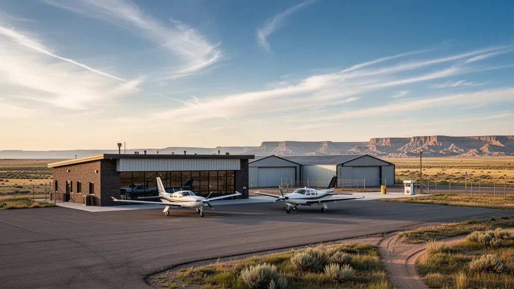 Small regional terminal building, hangars and parked aircraft on the apron at Dawson Community Airport in Glendive, Montana