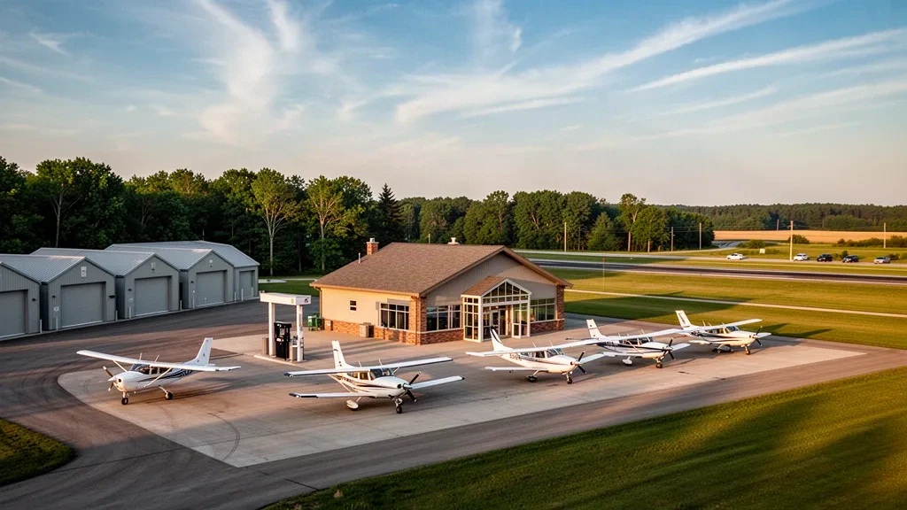 Single-engine aircraft parked on the ramp beside a small terminal at Gladwin Zettel Memorial Airport in Michigan