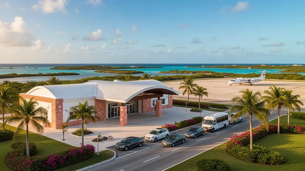 Exterior de la terminal con plataforma rodeada de palmeras y agua turquesa del Caribe en el Aeropuerto Internacional JAGS McCartney, Grand Turk