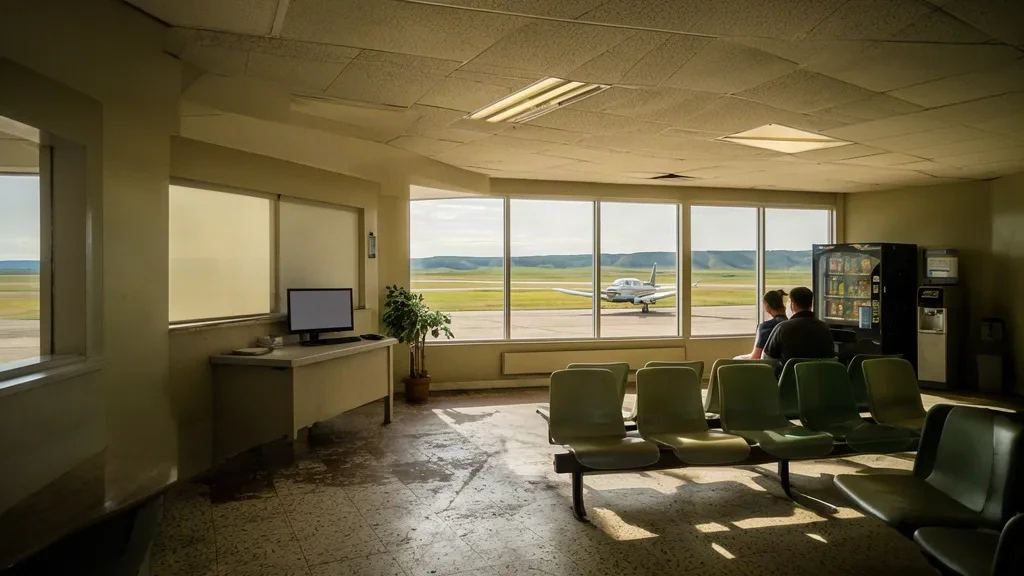 Interior of Dawson Community Airport terminal in Glendive, Montana, with check-in counter, waiting chairs and airfield views through large windows