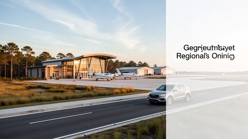 Golden-hour view of Delaware Coastal Airport's modern glass terminal, apron and parked aircraft near Georgetown, Delaware